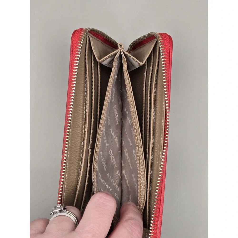 DKNY Logo Monogram Zip Around Wallet Brown Beige Pink Coral Continental